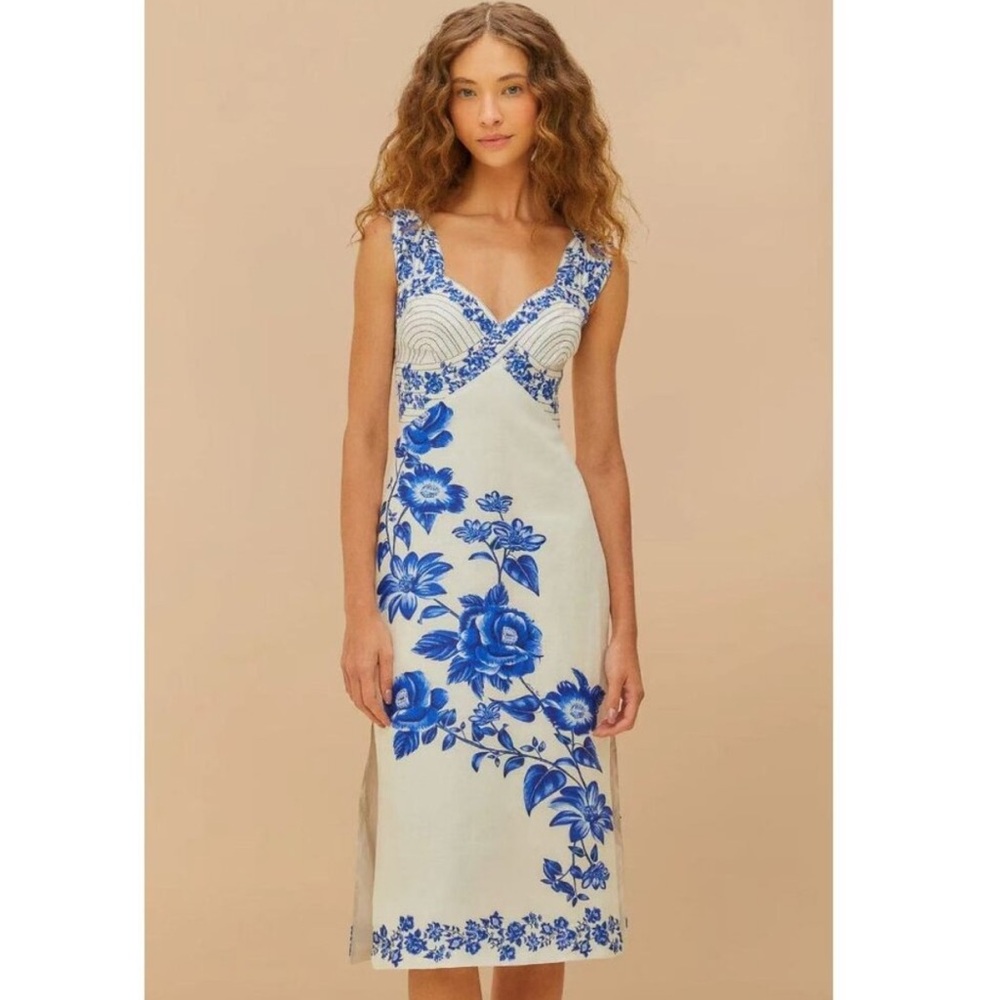 🦋 FARM Rio for Anthropologie Embroidered Linen Floral Midi Dress XL NWT
